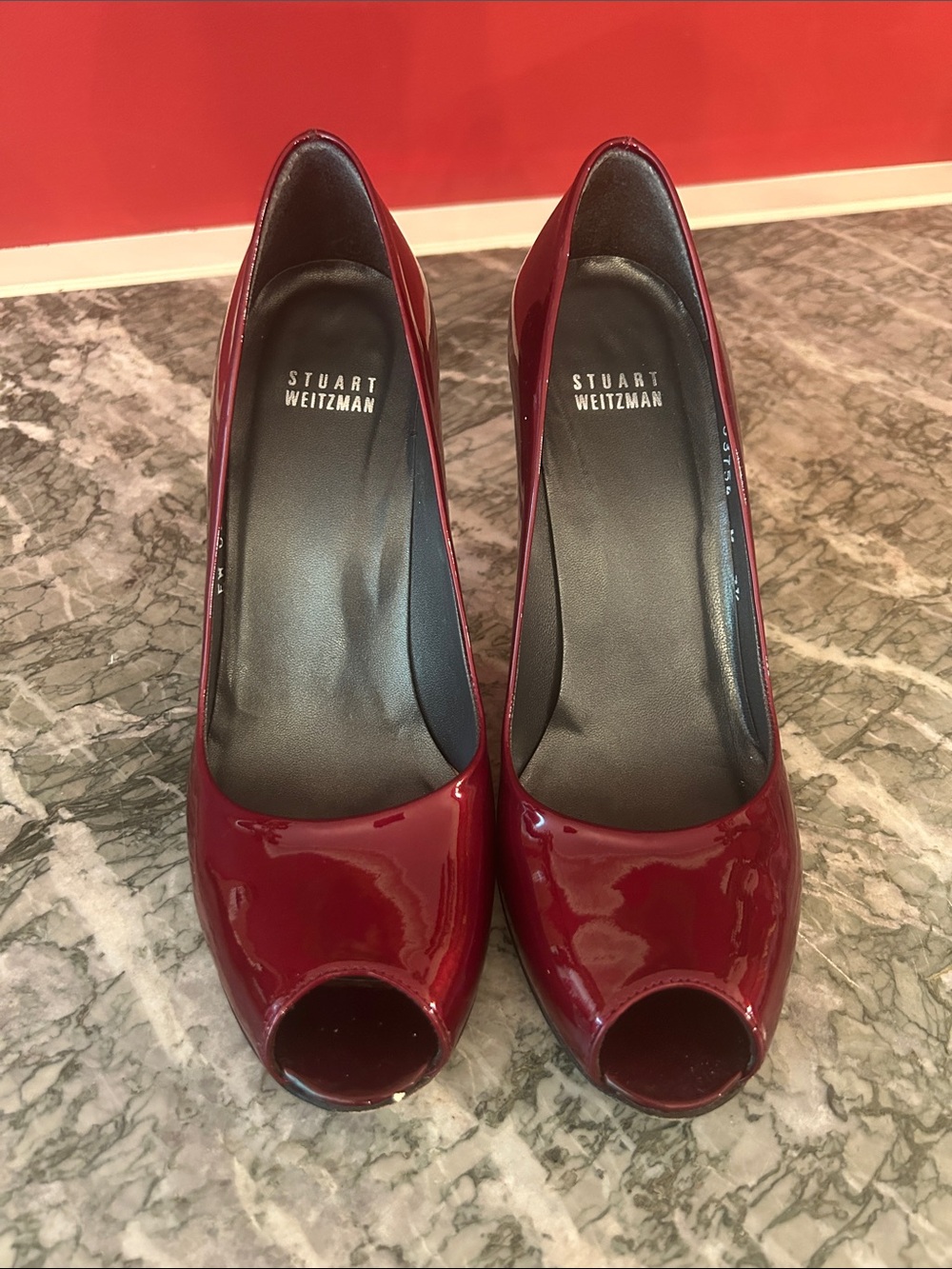 Stuart Weitzman Burgundy Patent Peep-Toe Pumps
